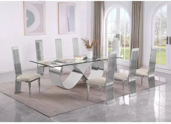 Best Quality Furniture 9Pc Tempered Glass Dining Set With 8 Cream Boucle Fabric Side Chairs