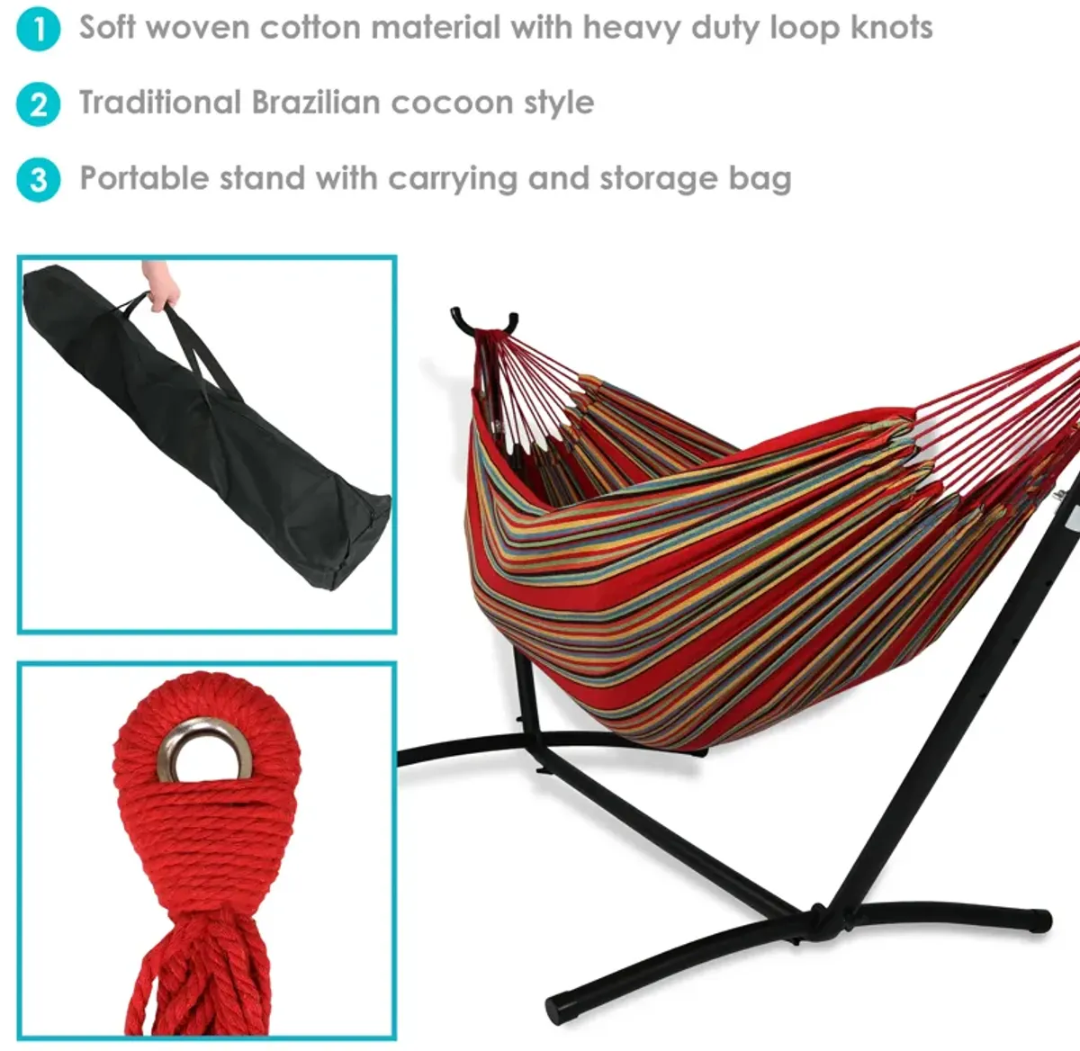 Sunnydaze Large Cotton Hammock with Steel Stand and Carrying Case