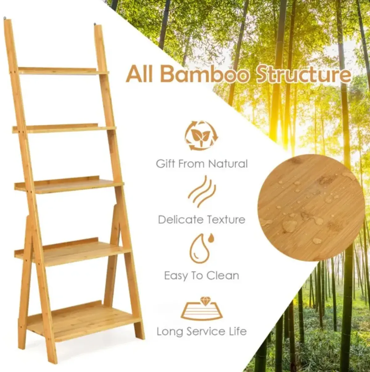 Hivvago 5-Tier Bamboo Ladder Shelf for Home Use