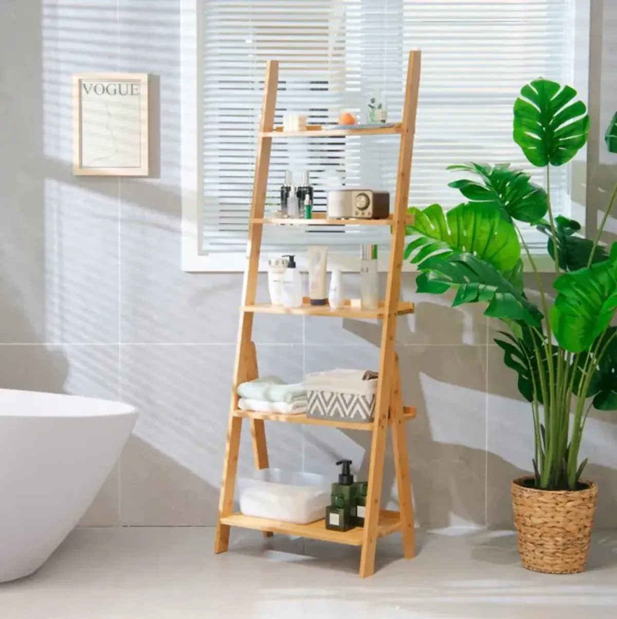 Hivvago 5-Tier Bamboo Ladder Shelf for Home Use