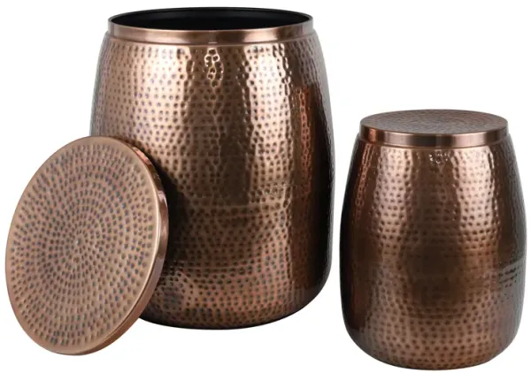Merida Modern Rustic Hammered Metal Drum Storage Side Table with Lid