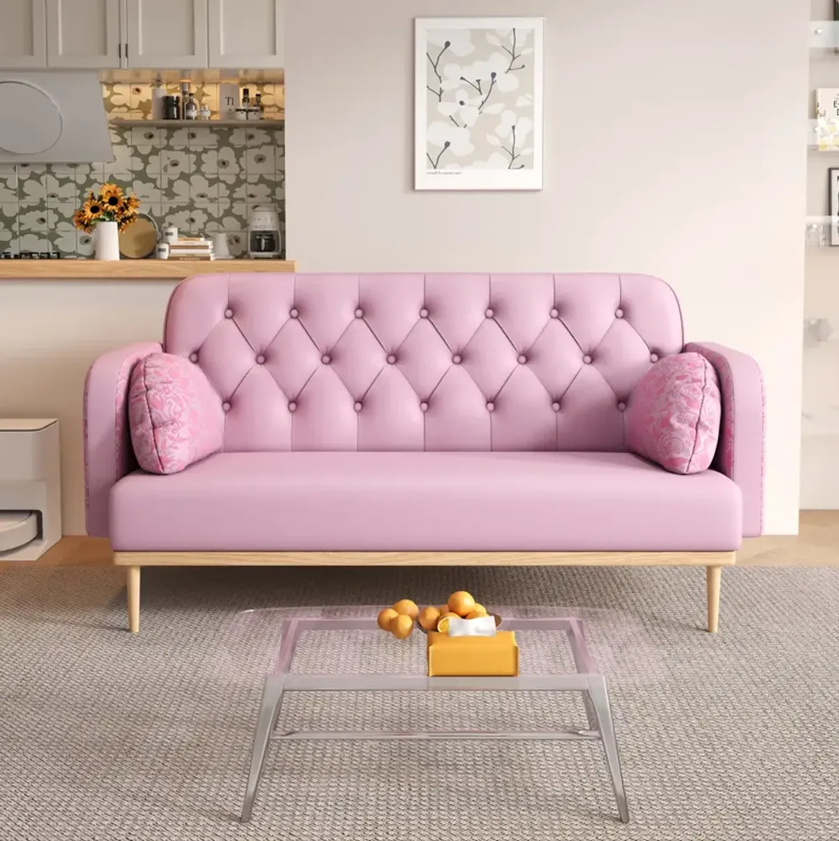 Modern Loveseat Sofa with Tulip Pattern & 2 Throw Pillows