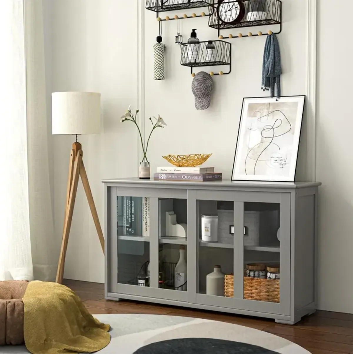 Kitchen Storage Cabinet with Glass Sliding Door