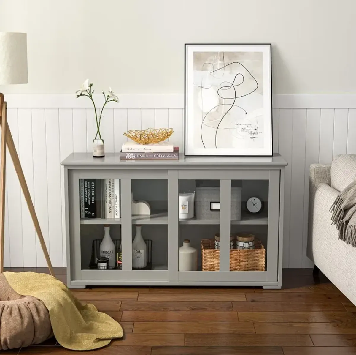 Kitchen Storage Cabinet with Glass Sliding Door