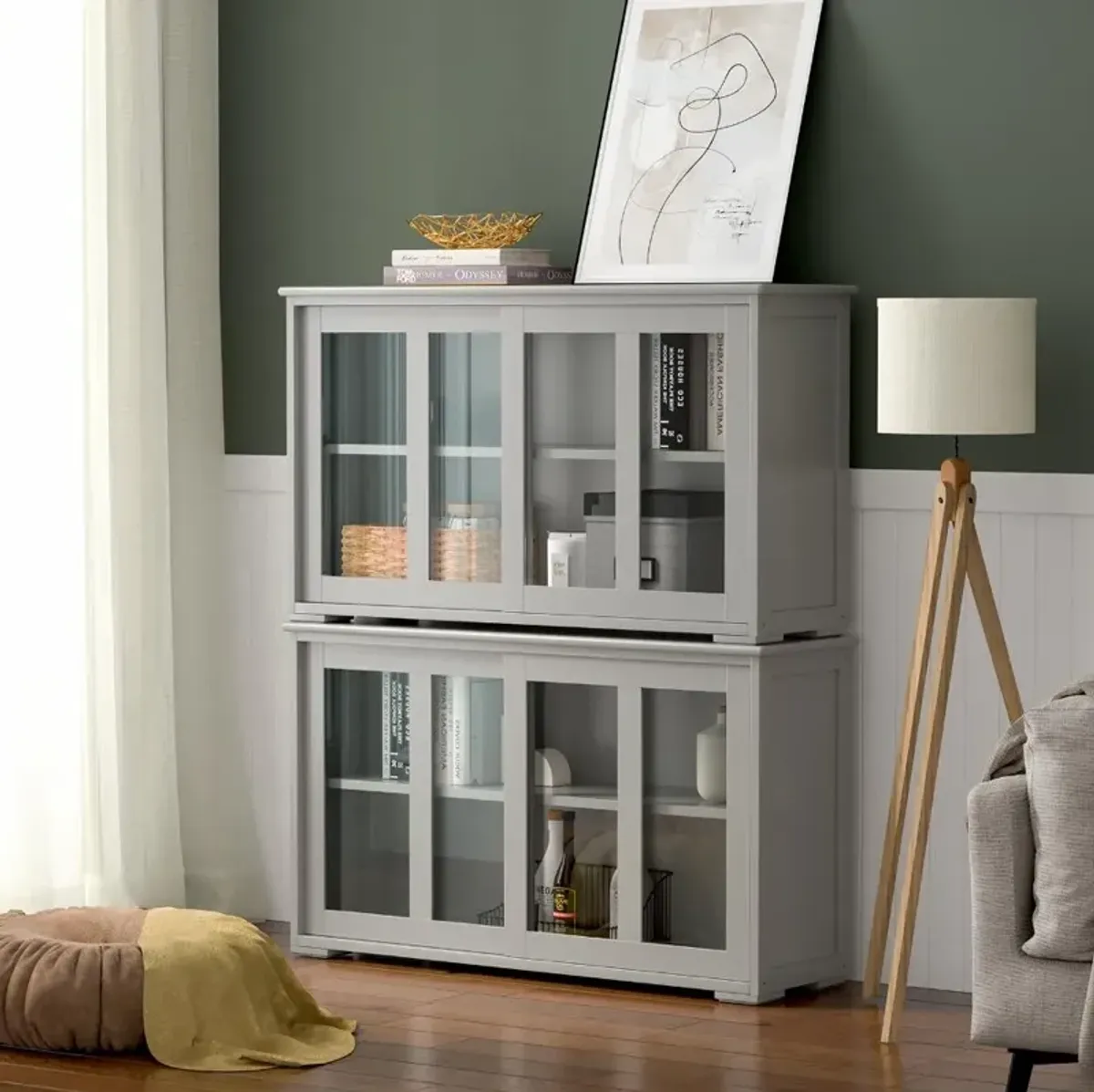 Kitchen Storage Cabinet with Glass Sliding Door