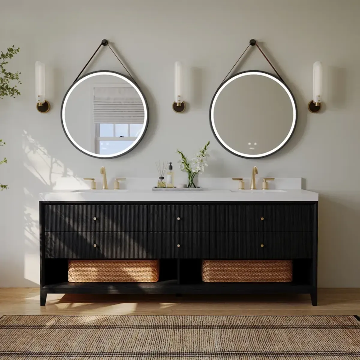 Momo 84 in. Dark Oak Bath Vanity Set with White Quartz Vanity Top and White Undermount Basin