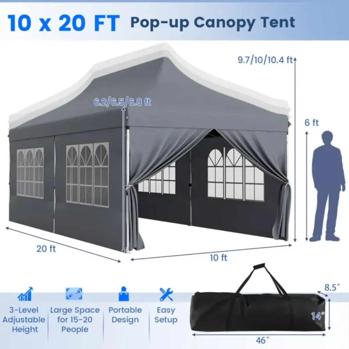 Hivvago 10 x 20 Feet Pop up Canopy with 6 Sidewalls Windows and Carrying Bag