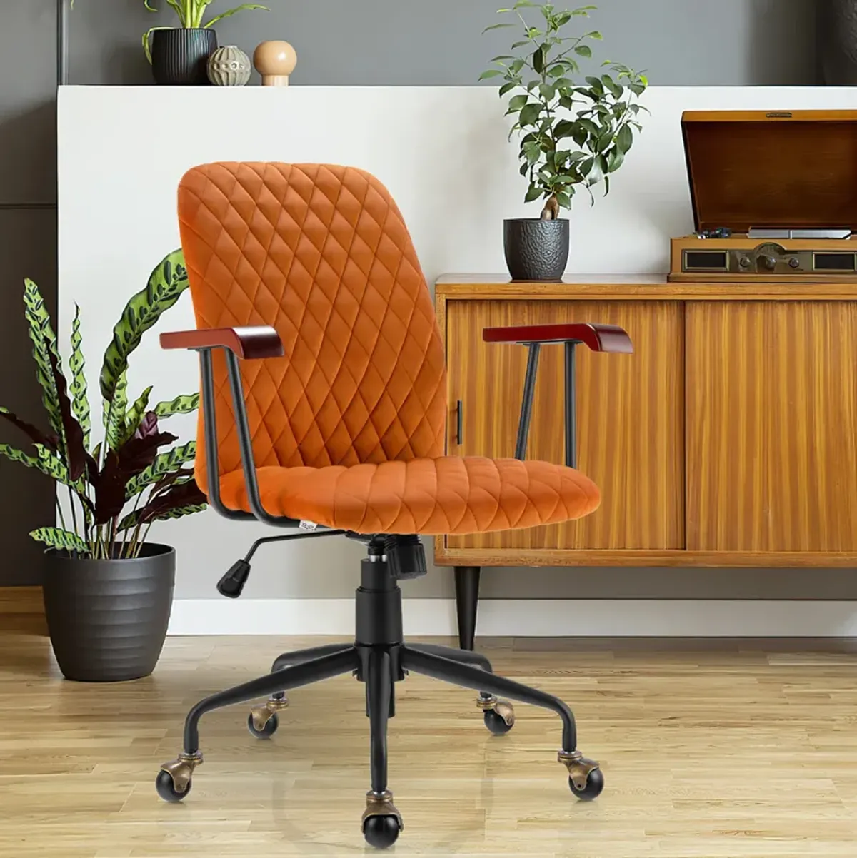 Costway Velvet Home Office Chair Swivel Adjustable Task Chair w/ Wooden Armrest Orange