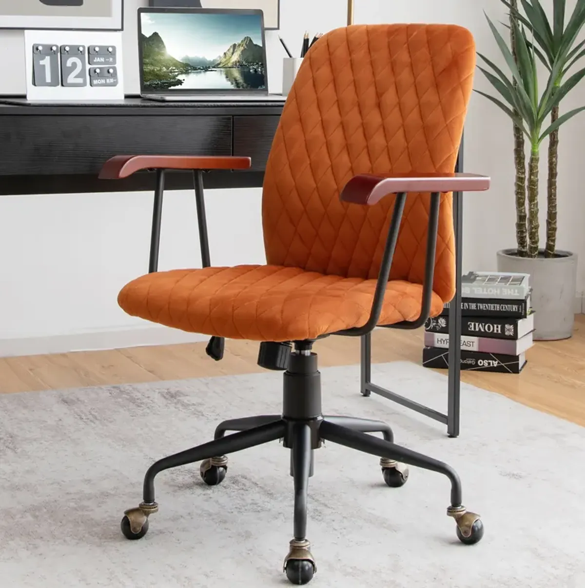 Costway Velvet Home Office Chair Swivel Adjustable Task Chair w/ Wooden Armrest Orange