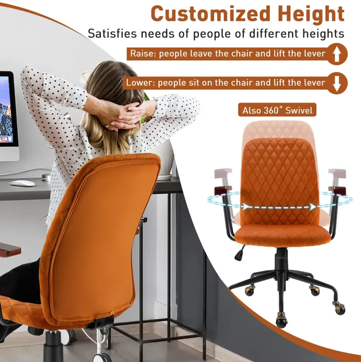 Costway Velvet Home Office Chair Swivel Adjustable Task Chair w/ Wooden Armrest Orange