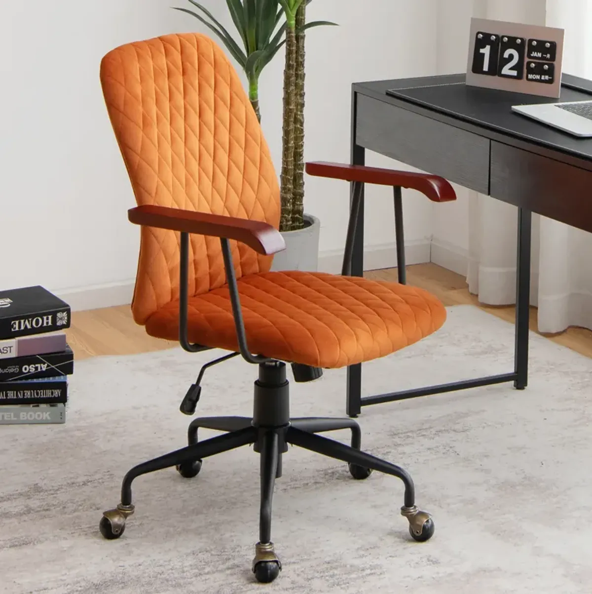 Costway Velvet Home Office Chair Swivel Adjustable Task Chair w/ Wooden Armrest Orange