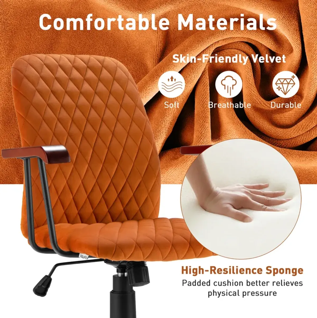 Costway Velvet Home Office Chair Swivel Adjustable Task Chair w/ Wooden Armrest Orange