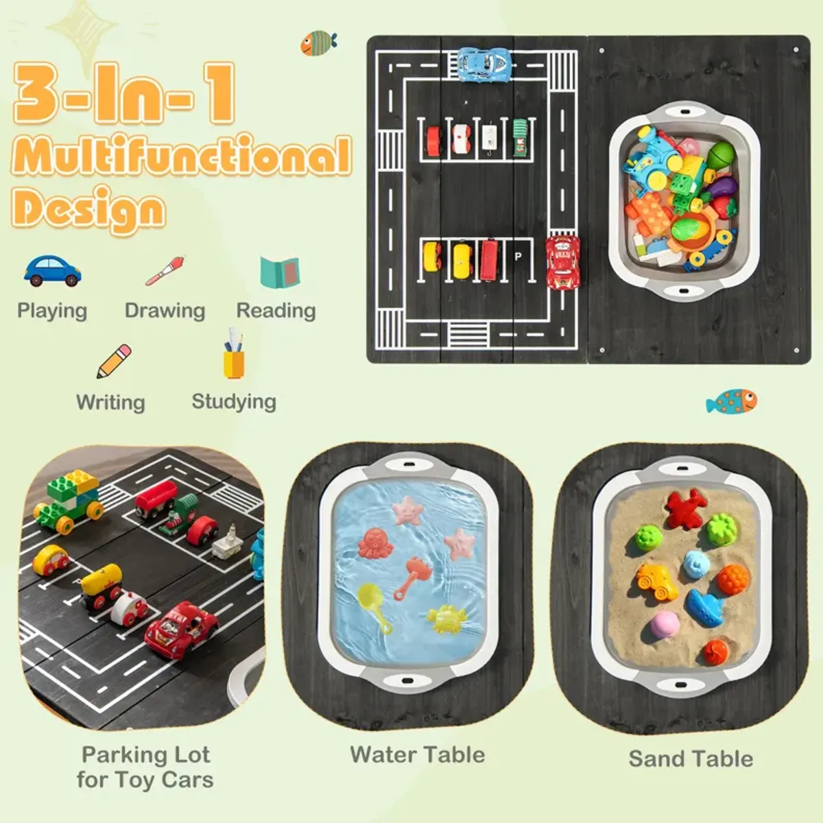 3-in-1 Kids Sand Water Activity Table with Foldable Storage Bin