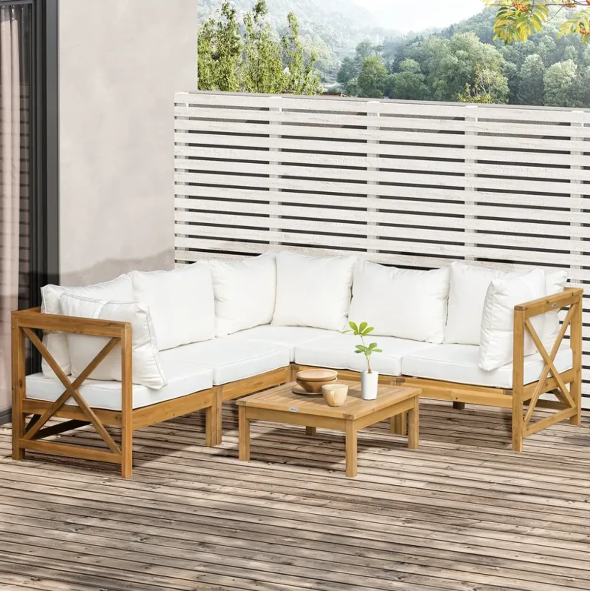 Cream White Patio Set: 6-Piece Wooden Sectional with Modular Design