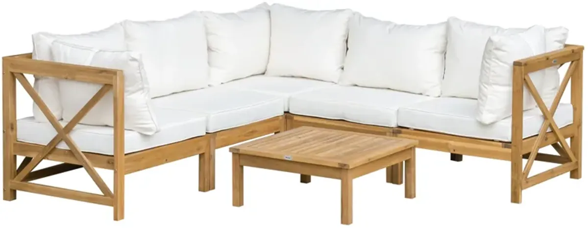 Cream White Patio Set: 6-Piece Wooden Sectional with Modular Design