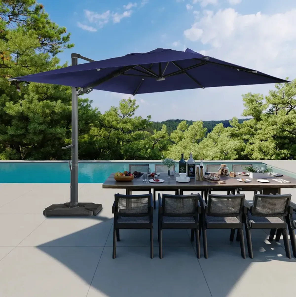 10 ft. 360° Rotation Square Cantilever Patio Umbrella with Base and LED Light in Navy Blue