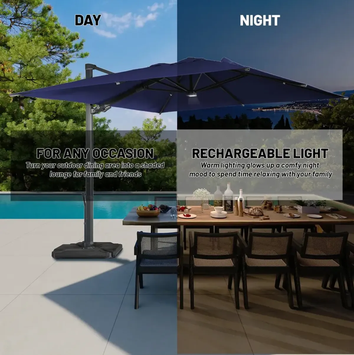 10 ft. 360° Rotation Square Cantilever Patio Umbrella with Base and LED Light in Navy Blue