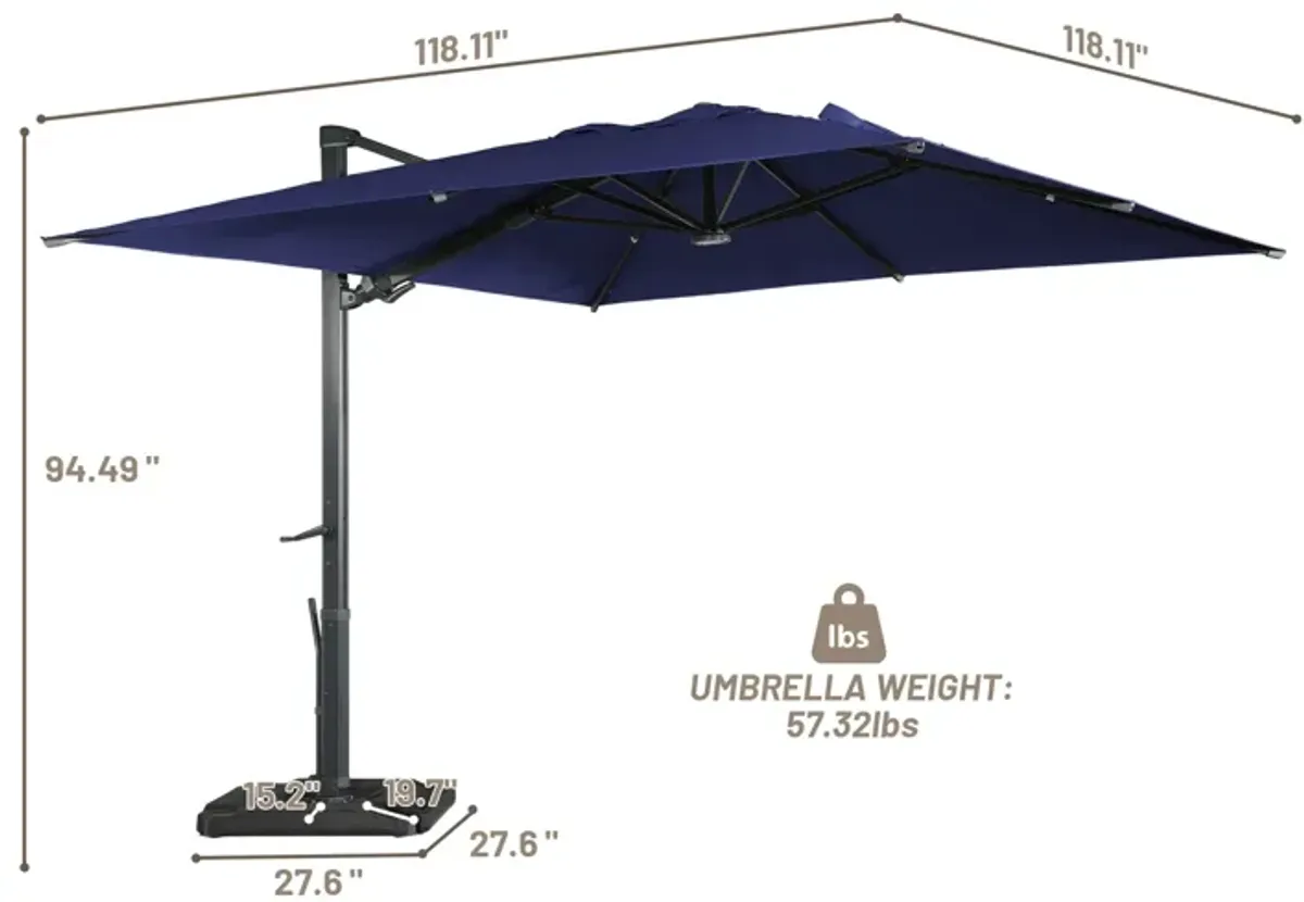 10 ft. 360° Rotation Square Cantilever Patio Umbrella with Base and LED Light in Navy Blue