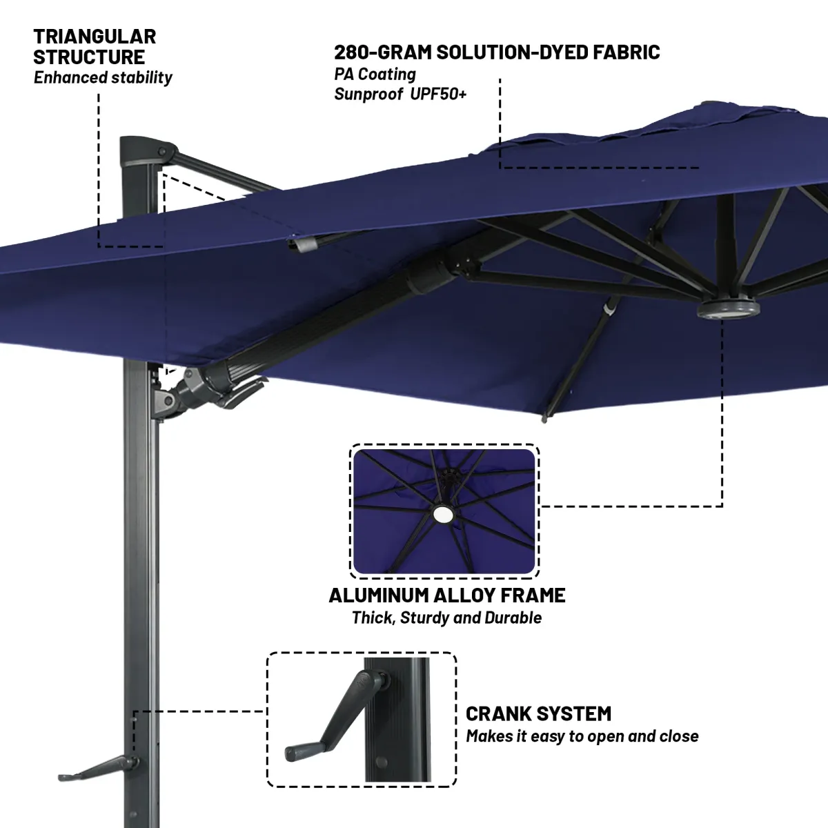 10 ft. 360° Rotation Square Cantilever Patio Umbrella with Base and LED Light in Navy Blue