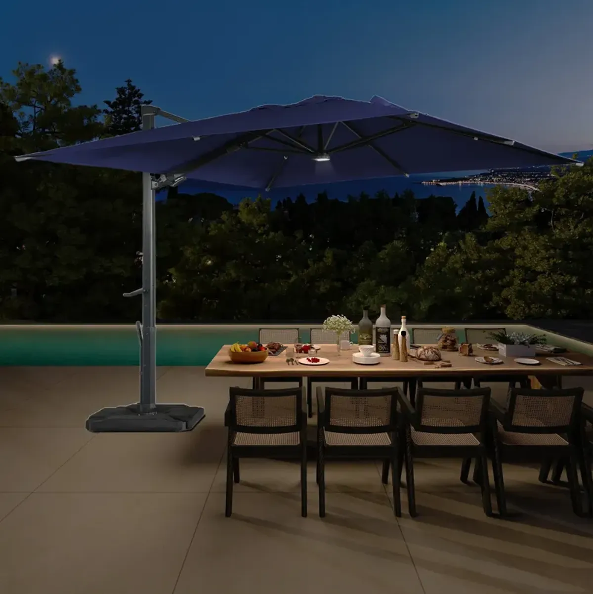 10 ft. 360° Rotation Square Cantilever Patio Umbrella with Base and LED Light in Navy Blue