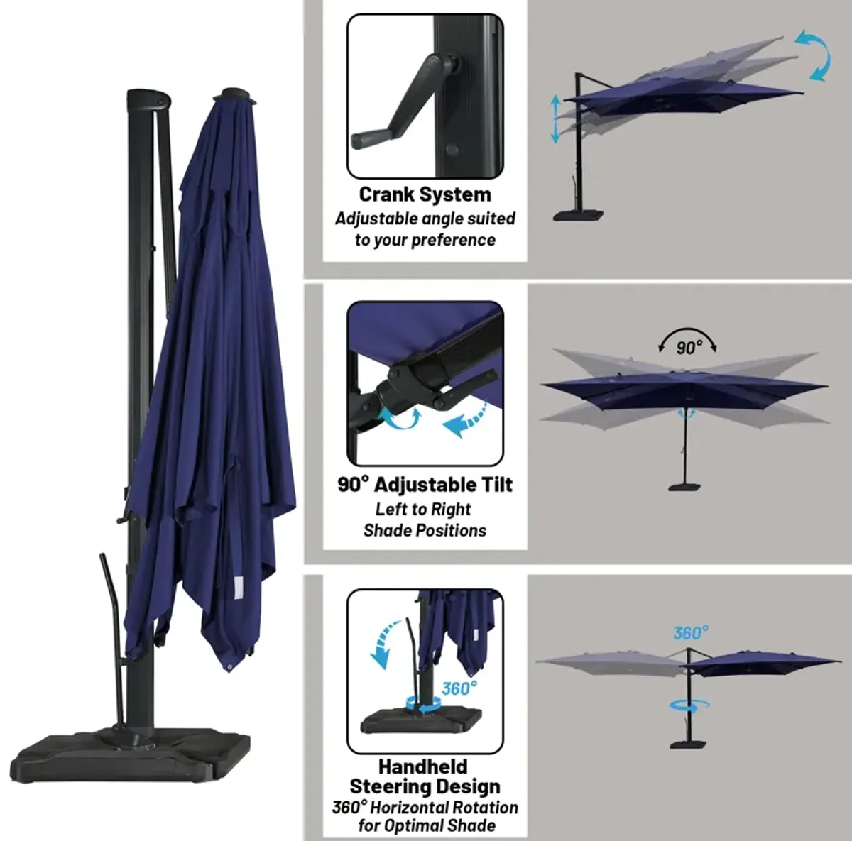 10 ft. 360° Rotation Square Cantilever Patio Umbrella with Base and LED Light in Navy Blue