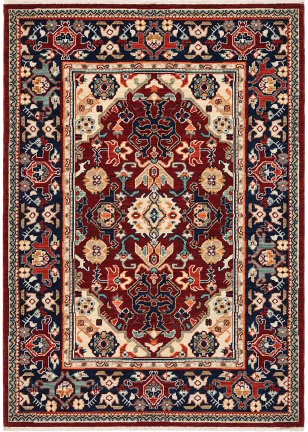 2 X 3 Red Blue Orange And Beige Oriental Power Loom Stain Resistant Area Rug With Fringe