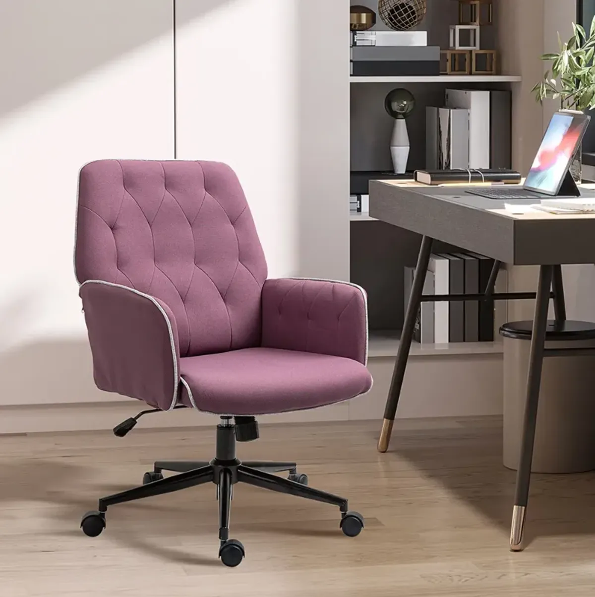 Purple Office Chic: Spandex Tufted Swivel Desk Chair with Padded Arms