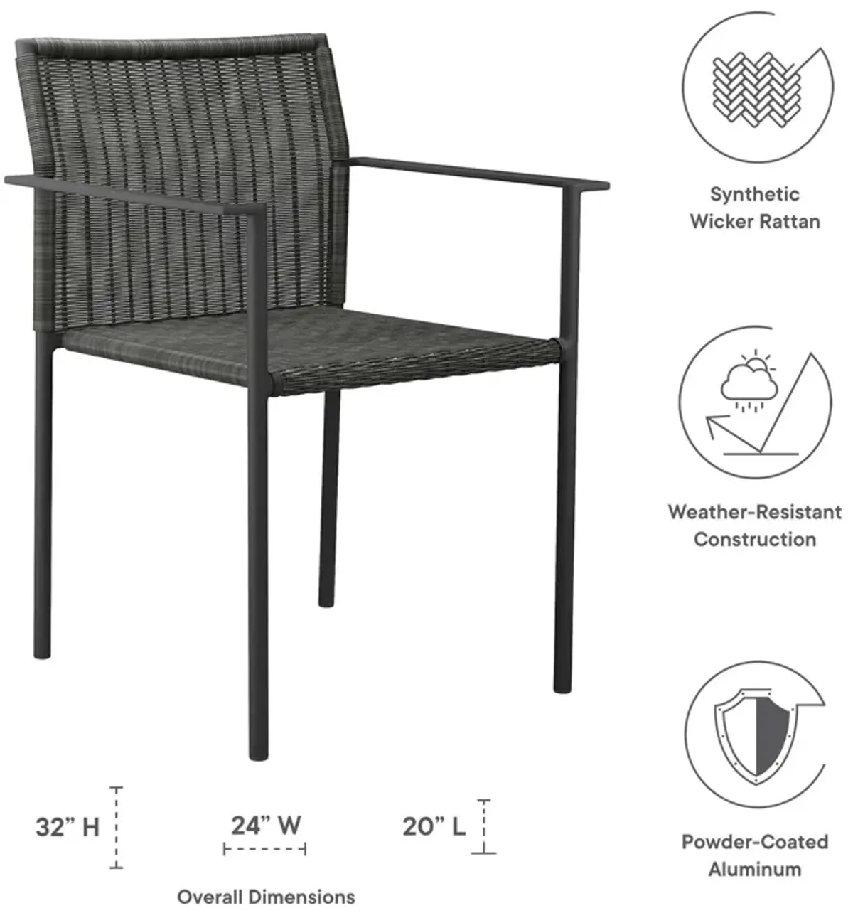 Modway Lagoon Wicker Rattan Outdoor Dining Armchairs in Charcoal (Set of 2)