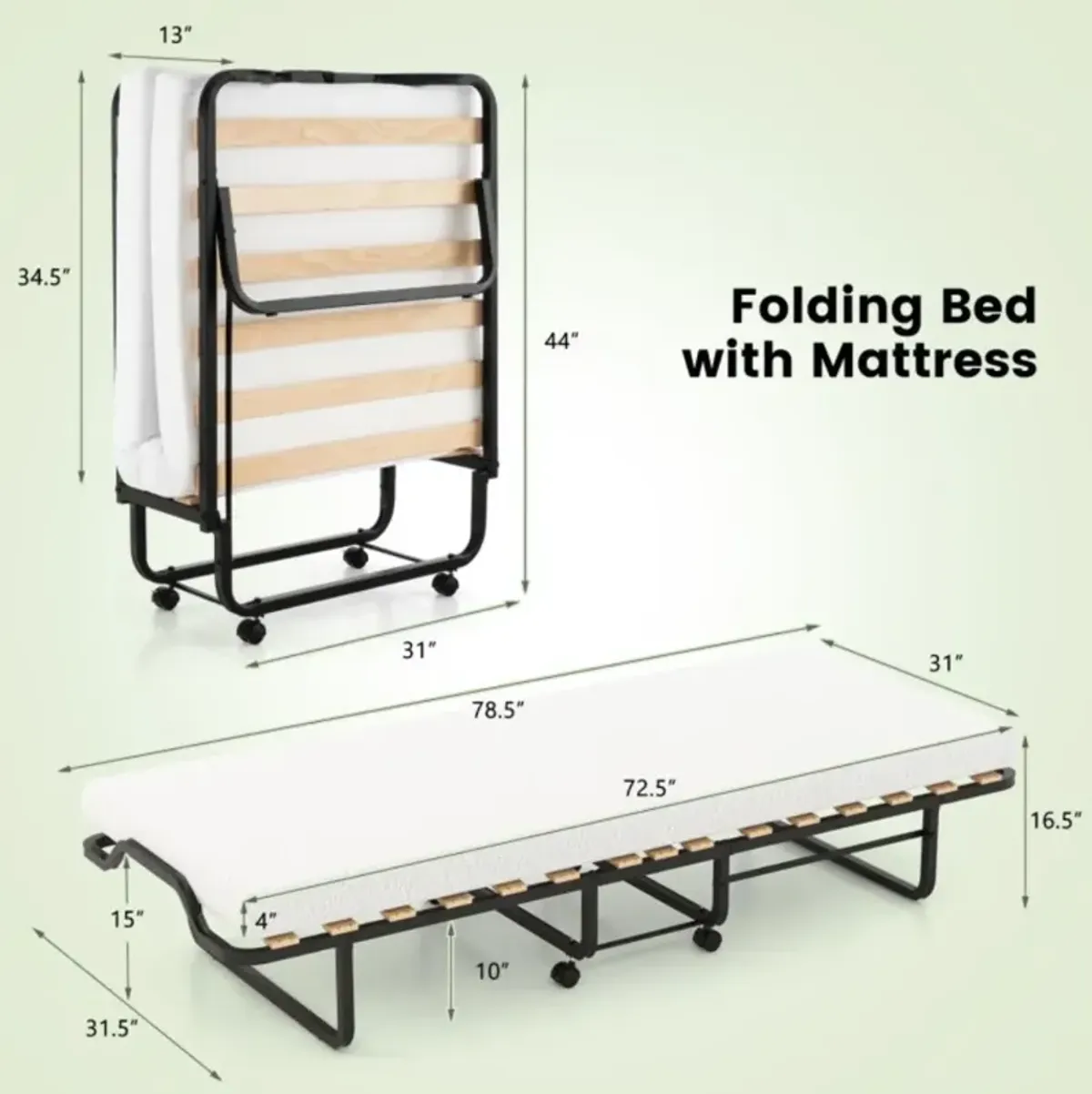 Hivvago Twin Size Folding Bed with Foam Mattress and Lockable Wheels