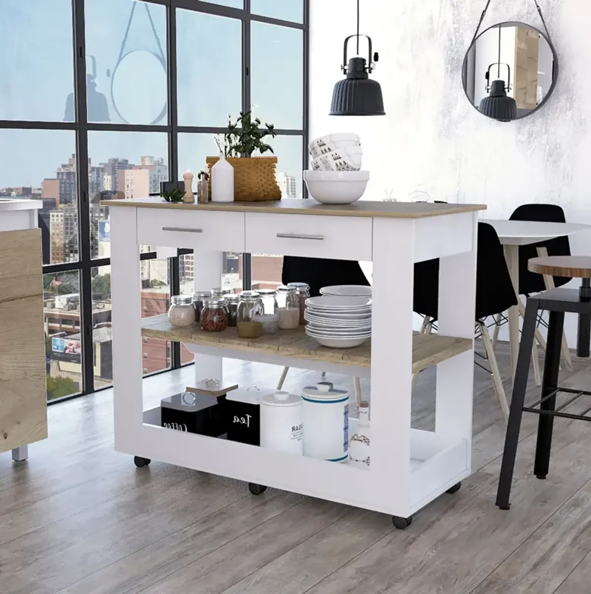 Rockaway 2-Drawer 2-Shelf Kitchen Island White And Light Oak