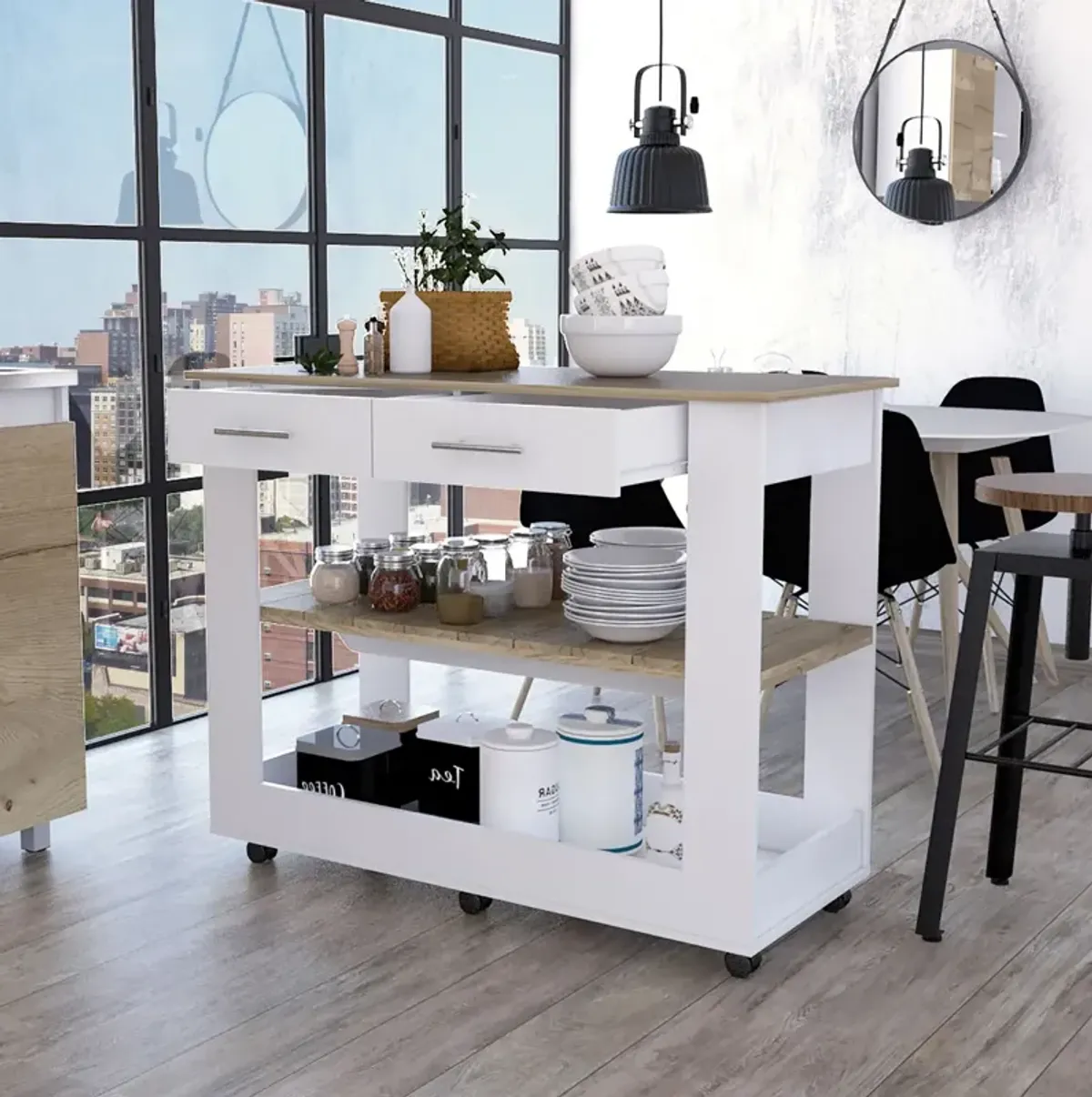 Rockaway 2-Drawer 2-Shelf Kitchen Island White And Light Oak