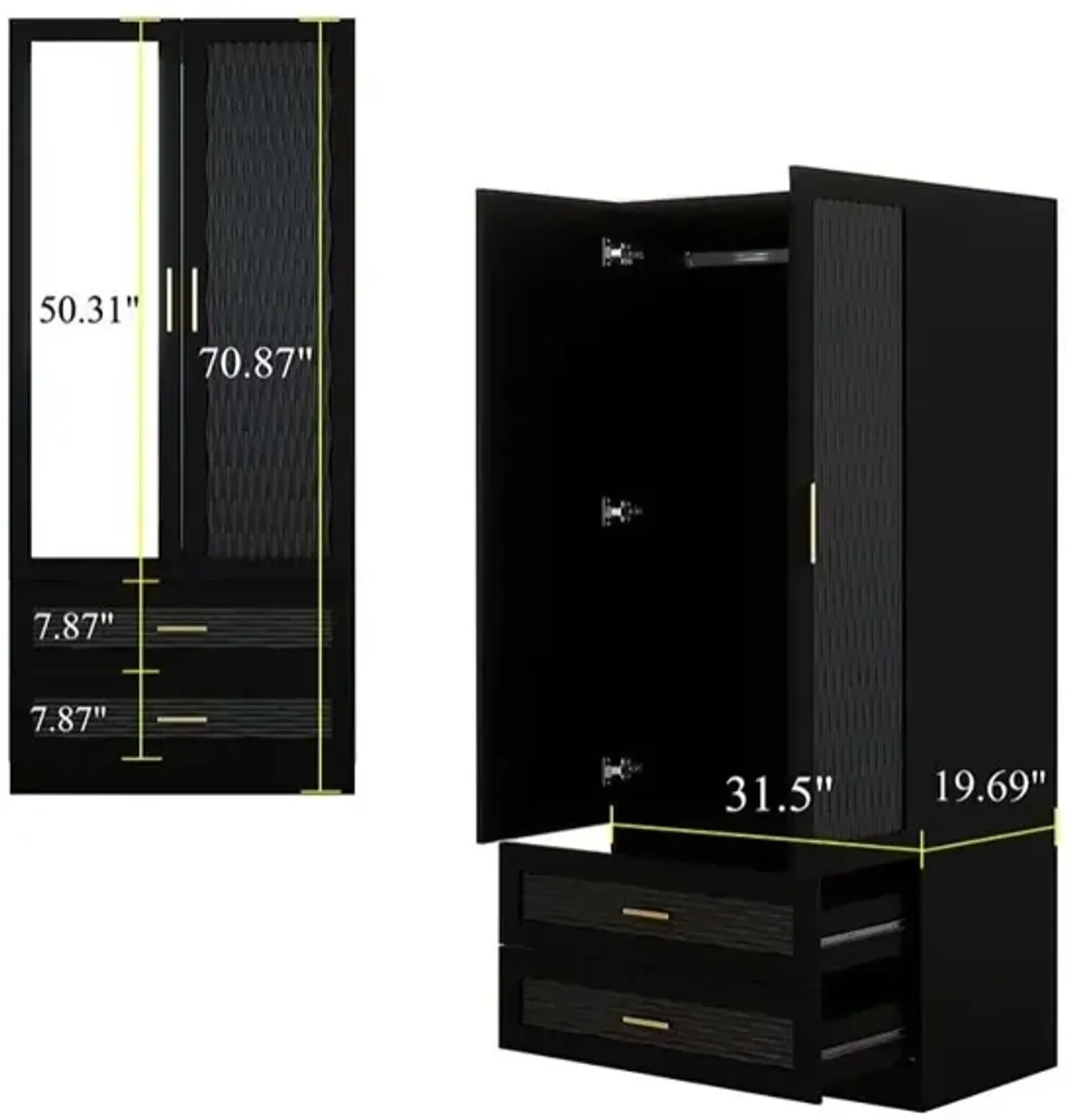 Modern 2-Door Wooden Armoire Wardrobe Closet with Hanging Rods, 2 Drawers, Shelves & Mirror Storage Cabinet Wardrobe Closet for Bedroom Armoire, Black