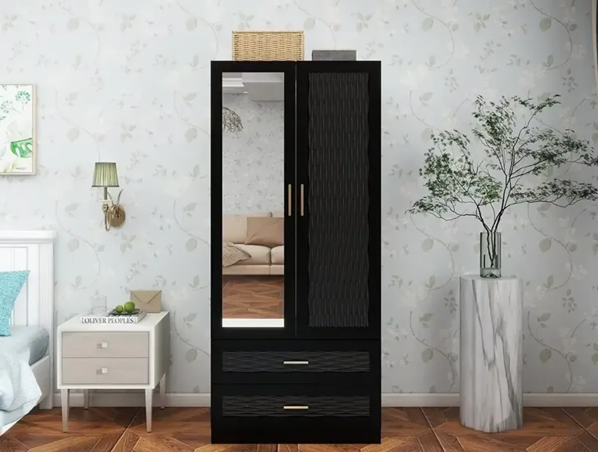 Modern 2-Door Wooden Armoire Wardrobe Closet with Hanging Rods, 2 Drawers, Shelves & Mirror Storage Cabinet Wardrobe Closet for Bedroom Armoire, Black