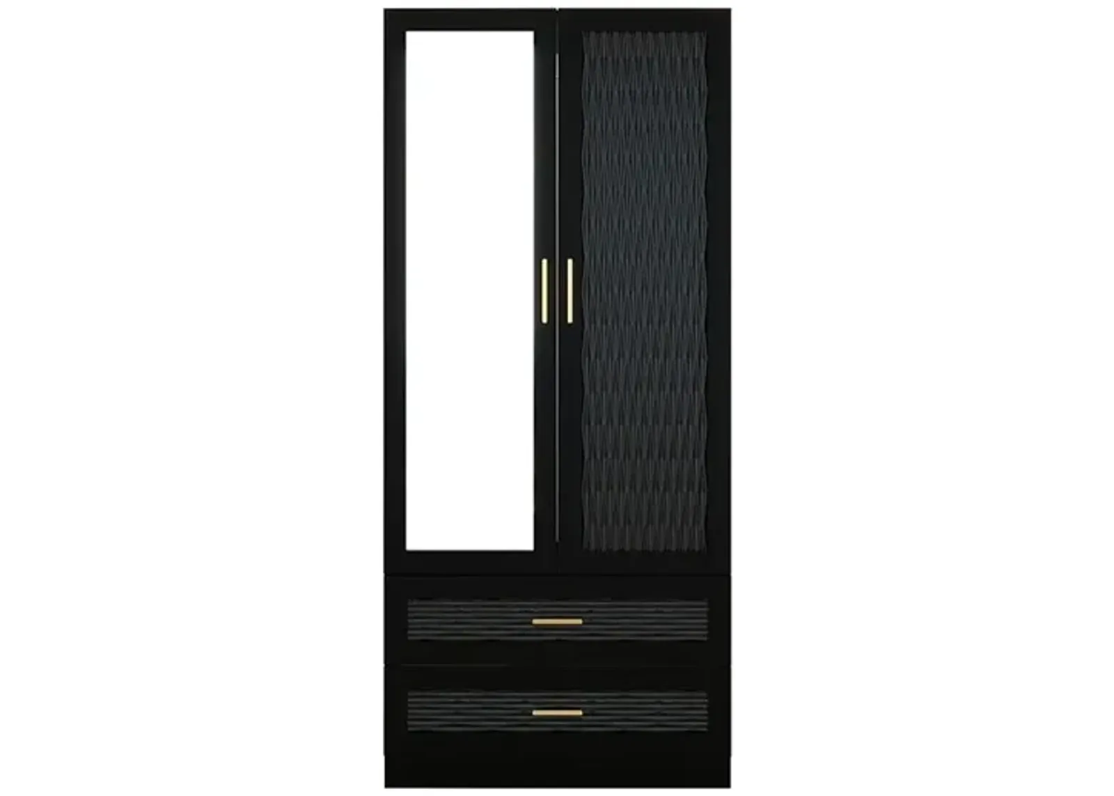 Modern 2-Door Wooden Armoire Wardrobe Closet with Hanging Rods, 2 Drawers, Shelves & Mirror Storage Cabinet Wardrobe Closet for Bedroom Armoire, Black