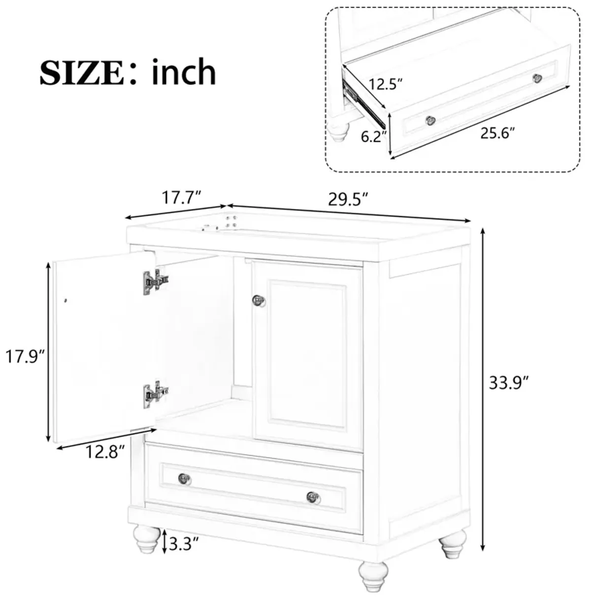 30" Bathroom Vanity Base Cabinet, Doors & Drawer