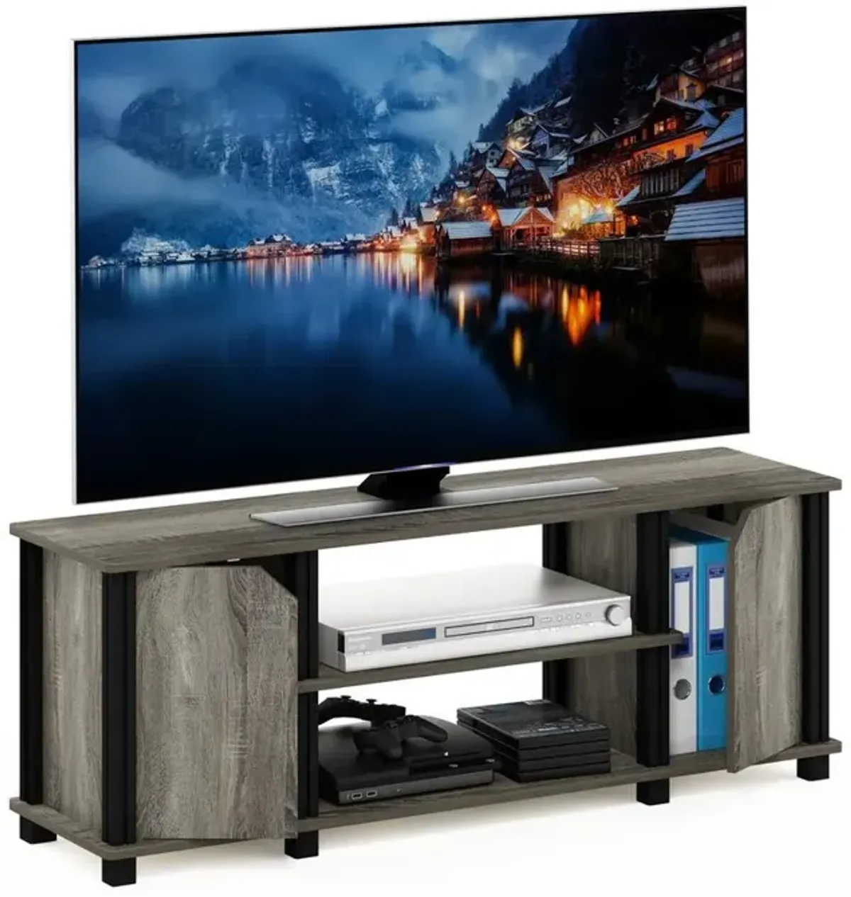 Furinno Simplistic TV Stand with Shelves and Storage, French Oak/Black