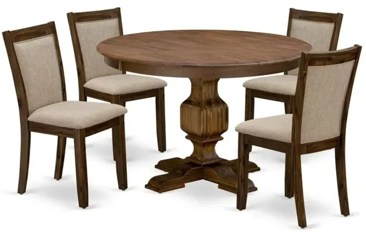 East West Furniture 5-Piece Dinner Table Set - Pedestal Dining Table and 4 Light Tan Color Parson Dining Chairs with High Back - Antique Walnut Finish