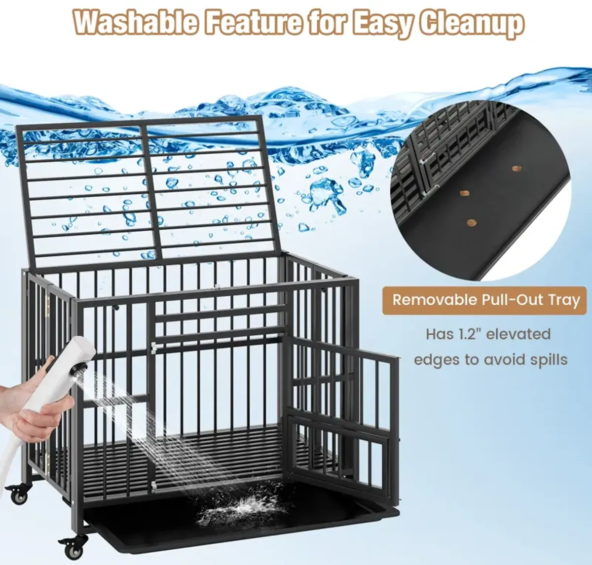 Foldable Heavy-Duty Metal Dog Cage Chew-proof Dog Crate with Lockable Universal Wheels