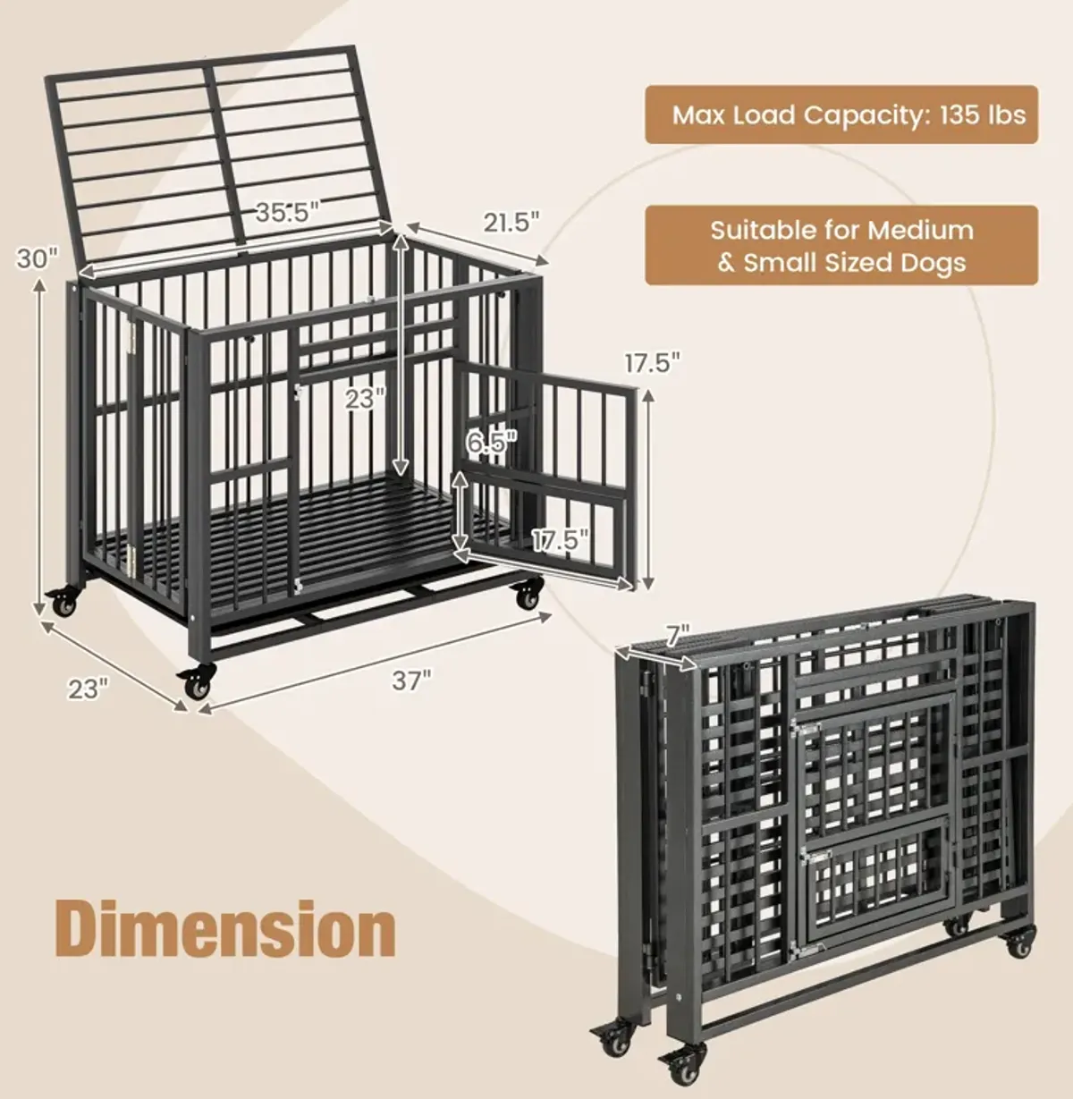 Foldable Heavy-Duty Metal Dog Cage Chew-proof Dog Crate with Lockable Universal Wheels