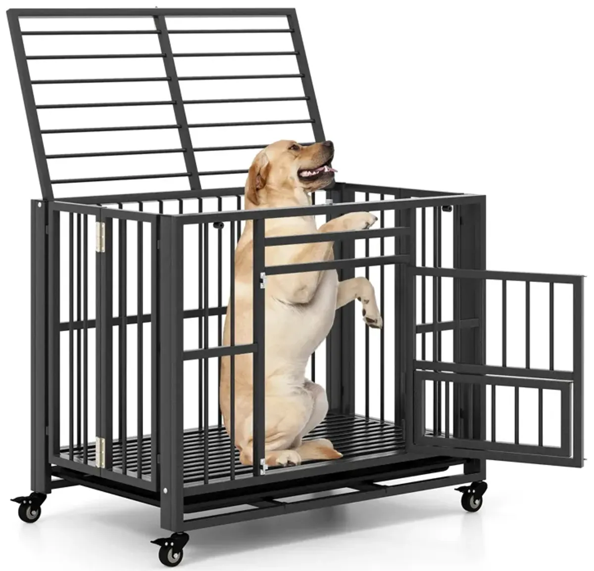 Foldable Heavy-Duty Metal Dog Cage Chew-proof Dog Crate with Lockable Universal Wheels