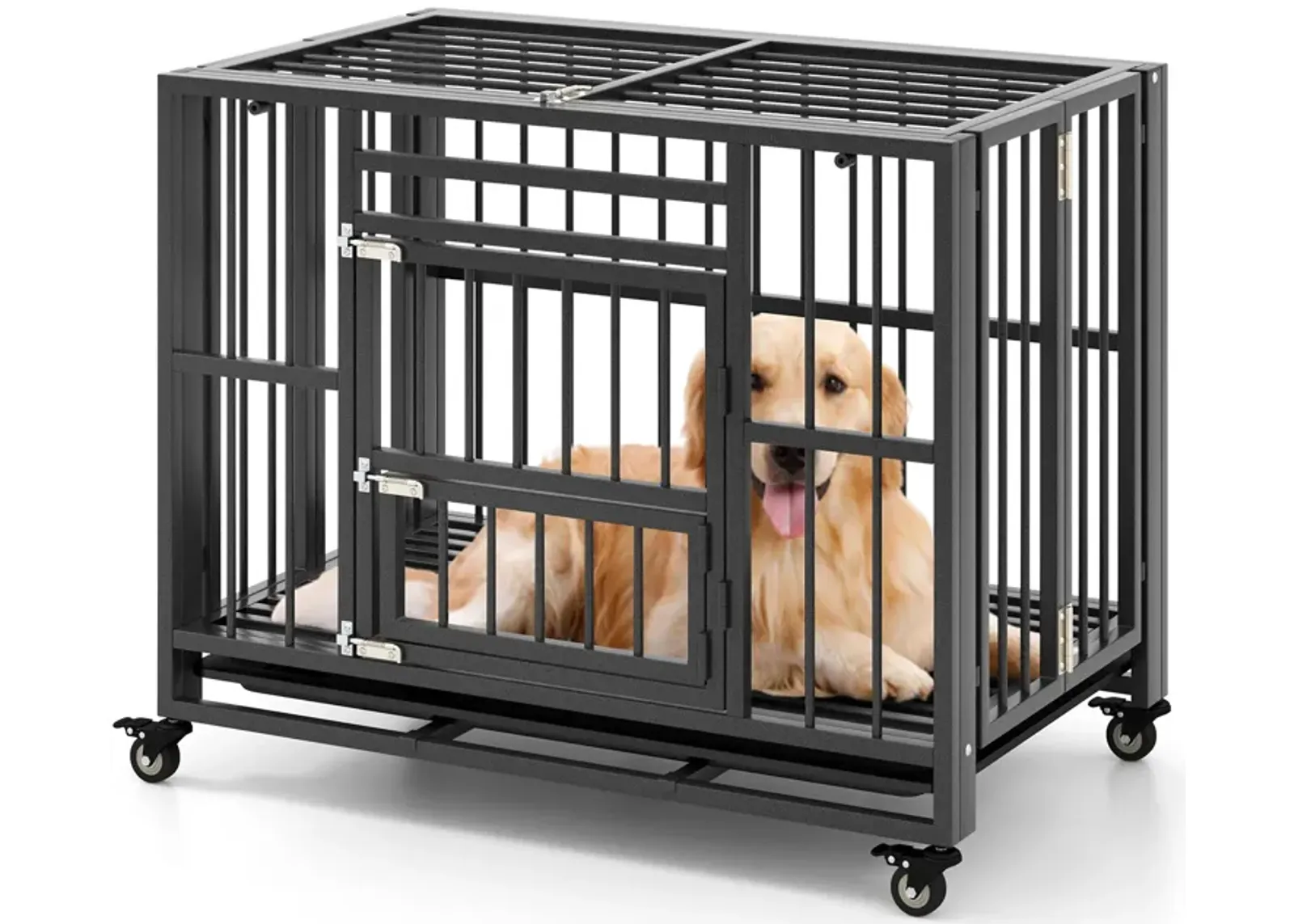 Foldable Heavy-Duty Metal Dog Cage Chew-proof Dog Crate with Lockable Universal Wheels