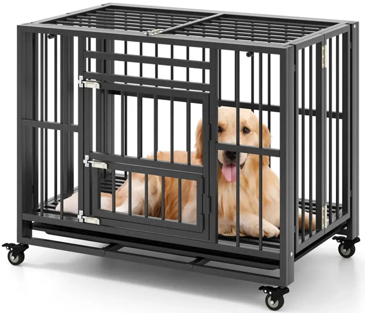 Foldable Heavy-Duty Metal Dog Cage Chew-proof Dog Crate with Lockable Universal Wheels