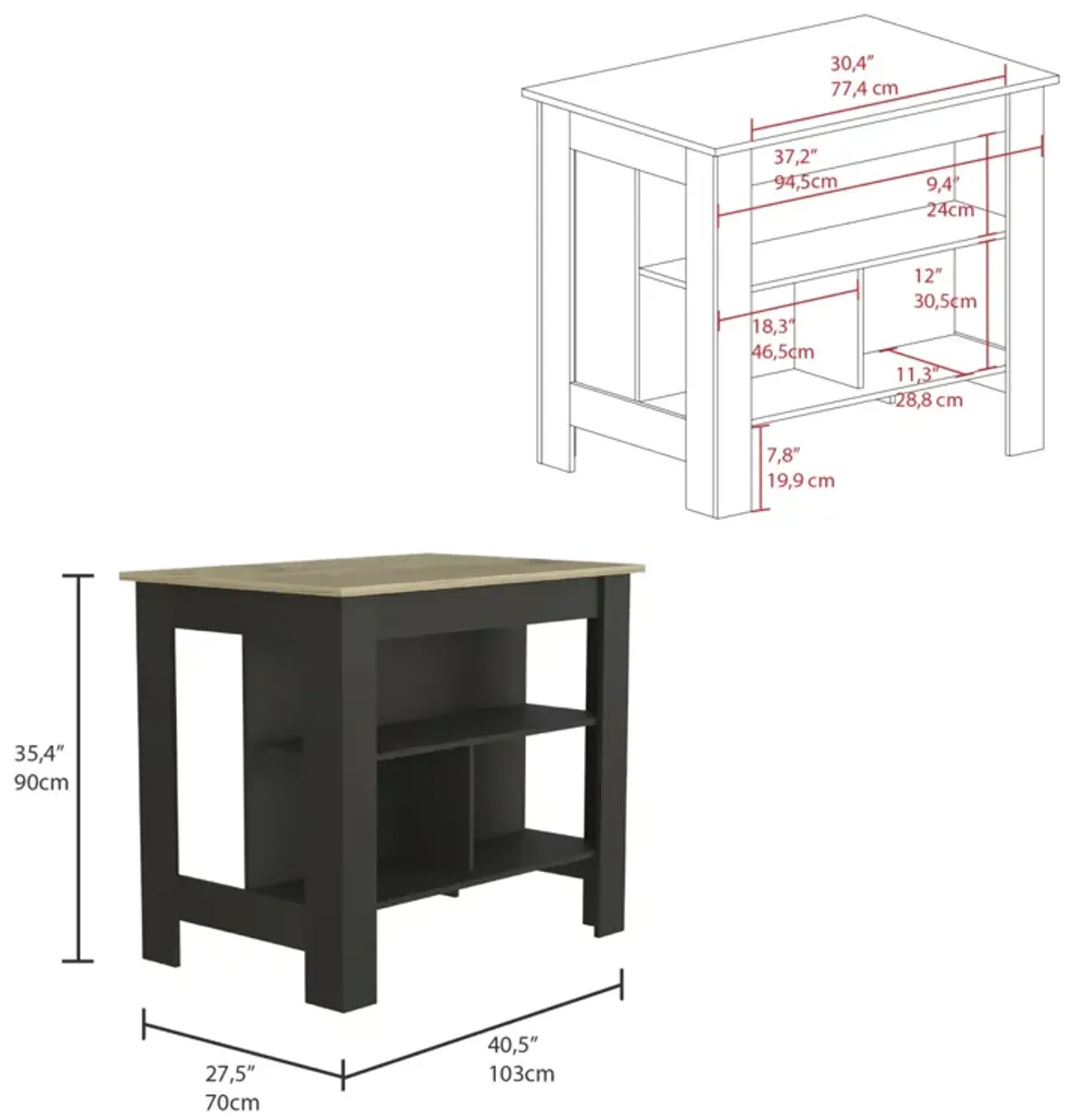 Cala Kitchen Island, Four Legs, Three Shelves - Black Ibiza Marble