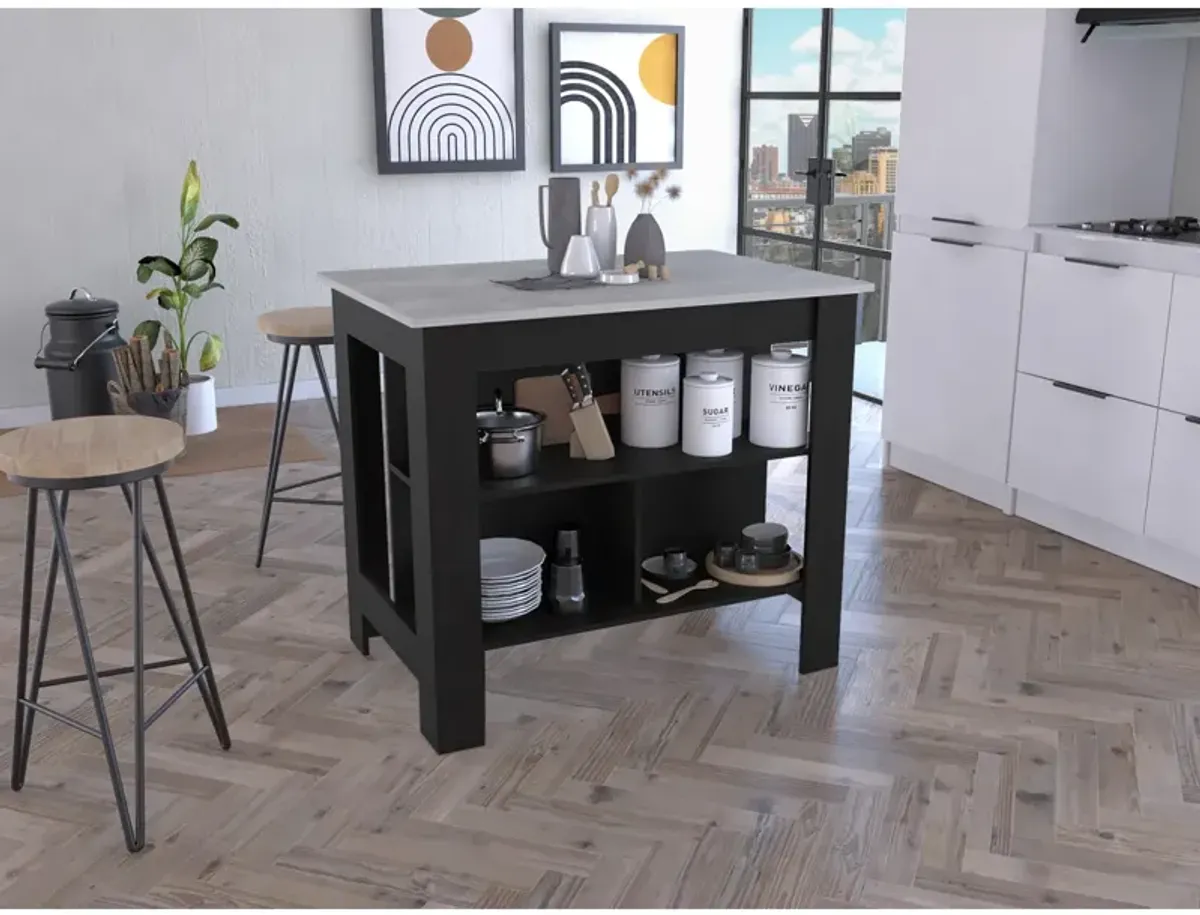 Cala Kitchen Island, Four Legs, Three Shelves - Black Ibiza Marble