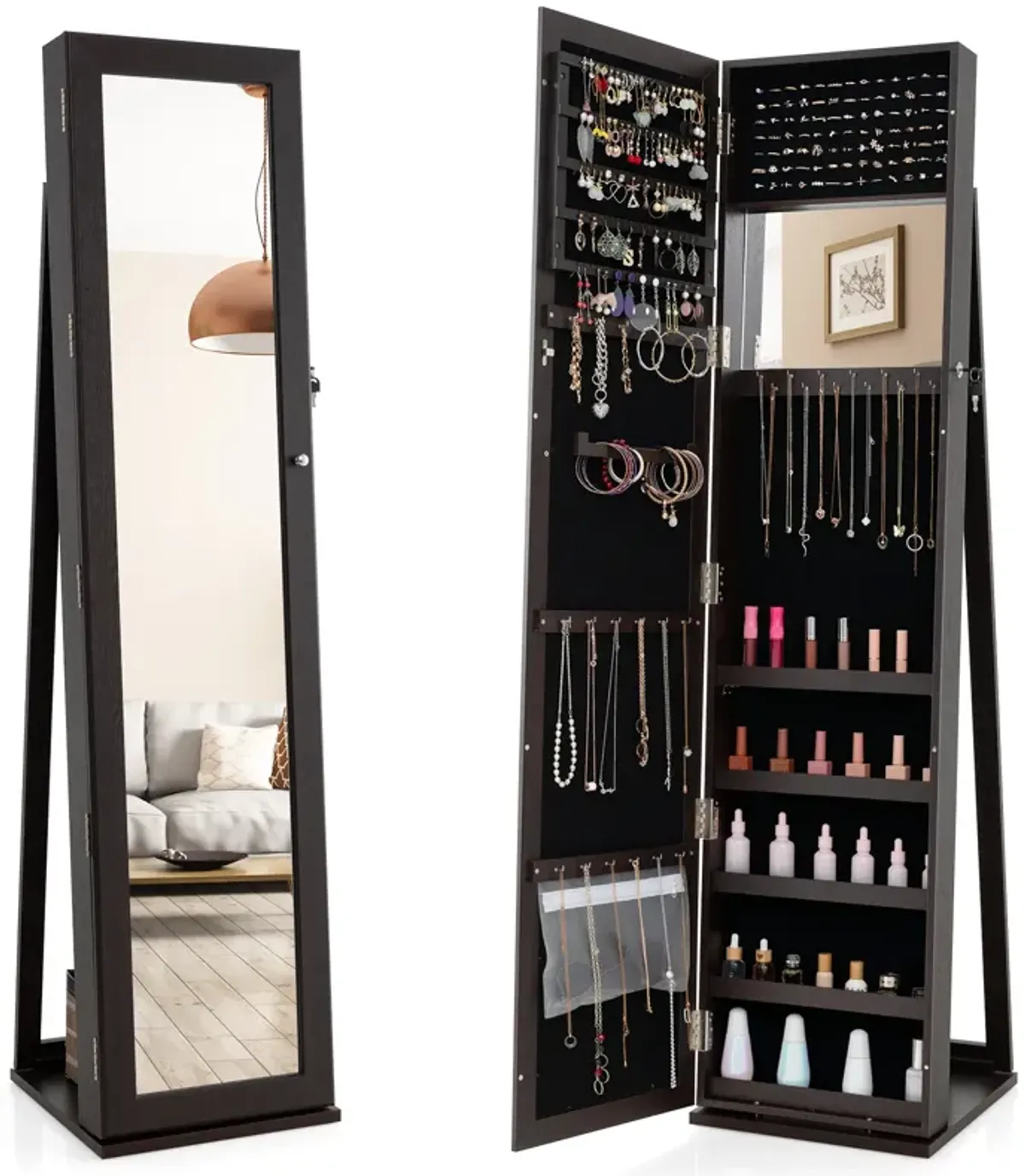 Standing Lockable Jewelry Storage Organizer with Full-Length Mirror