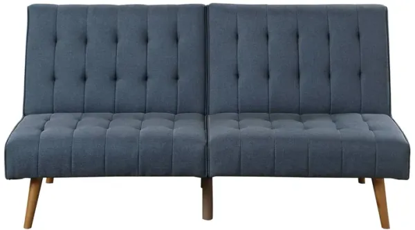 Ara 71 Inch Adjustable Futon Sofa Bed, Plush Cushioning, Tapered Legs, Blue - Benzara