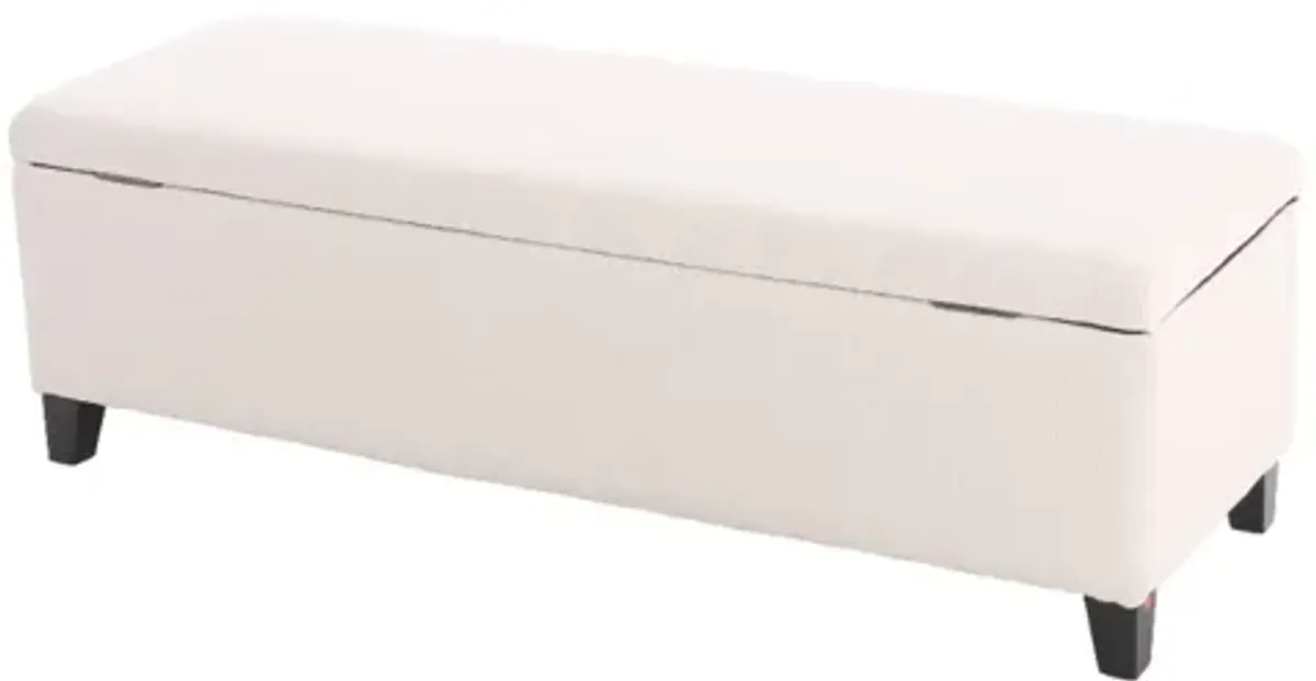 Elias Ottoman Bench with Storage, 51 Inch Rectangular, White Fabric -Benzara