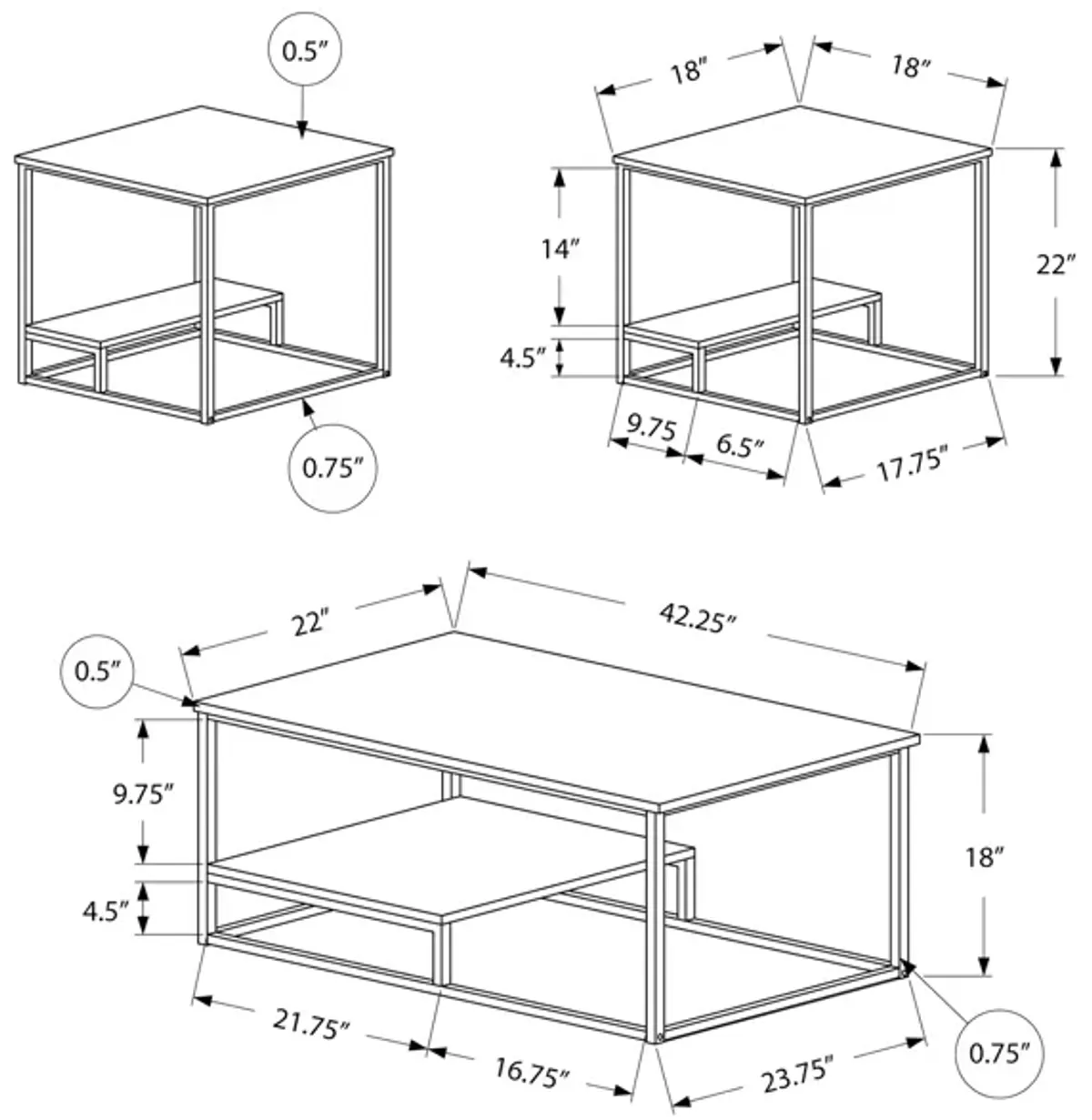 Monarch Specialties I 7963P Table Set, 3pcs Set, Coffee, End, Side, Accent, Living Room, Metal, Laminate, White Marble Look, Grey, Contemporary, Modern