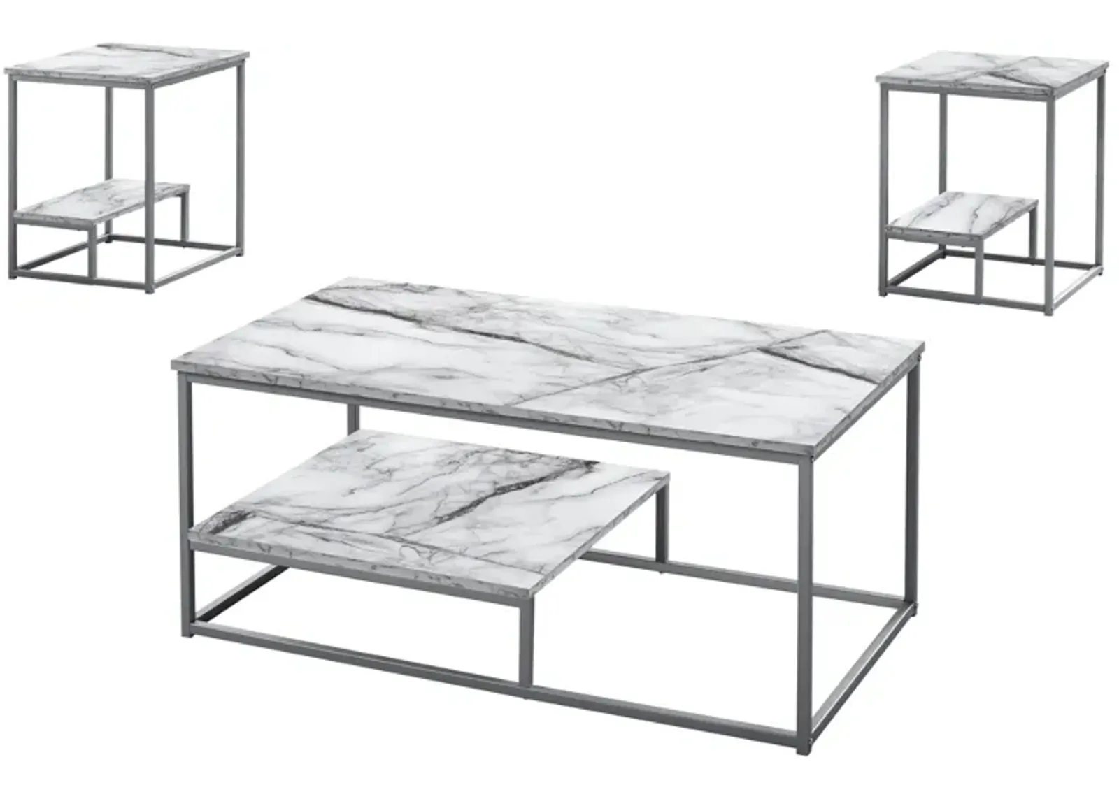 Monarch Specialties I 7963P Table Set, 3pcs Set, Coffee, End, Side, Accent, Living Room, Metal, Laminate, White Marble Look, Grey, Contemporary, Modern