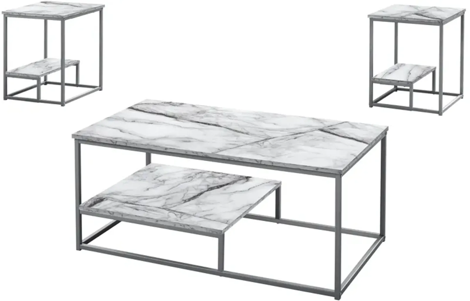 Monarch Specialties I 7963P Table Set, 3pcs Set, Coffee, End, Side, Accent, Living Room, Metal, Laminate, White Marble Look, Grey, Contemporary, Modern